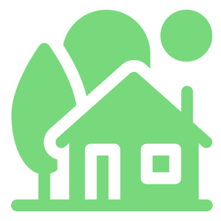 Green house and tree with sun icon.