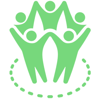 Green figures in a circle holding hands.