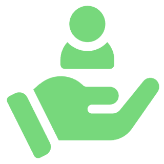 Green icon of hand holding person symbol.